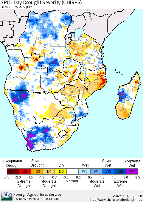 Southern Africa SPI 5-Day Drought Severity (CHIRPS) Thematic Map For 3/21/2022 - 3/25/2022