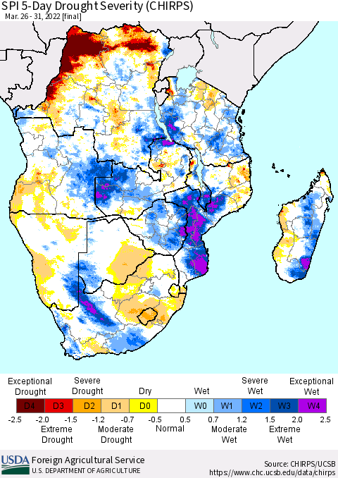 Southern Africa SPI 5-Day Drought Severity (CHIRPS) Thematic Map For 3/26/2022 - 3/31/2022