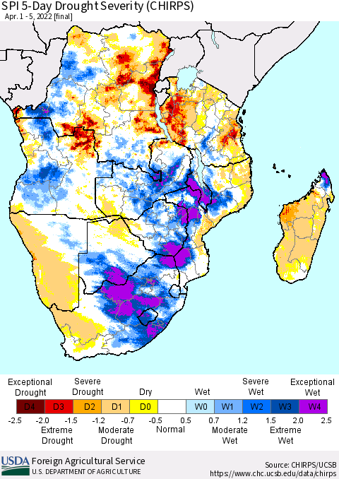Southern Africa SPI 5-Day Drought Severity (CHIRPS) Thematic Map For 4/1/2022 - 4/5/2022