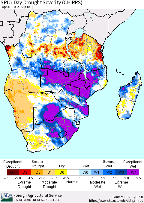 Southern Africa SPI 5-Day Drought Severity (CHIRPS) Thematic Map For 4/6/2022 - 4/10/2022