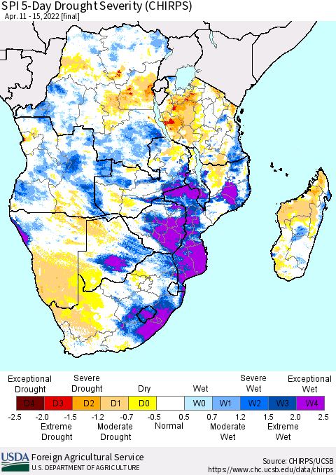 Southern Africa SPI 5-Day Drought Severity (CHIRPS) Thematic Map For 4/11/2022 - 4/15/2022