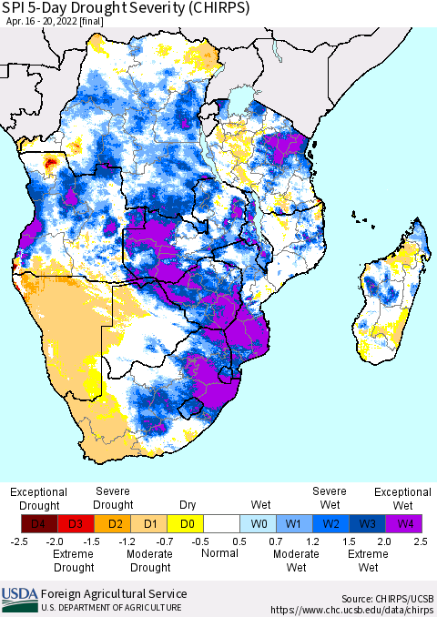 Southern Africa SPI 5-Day Drought Severity (CHIRPS) Thematic Map For 4/16/2022 - 4/20/2022