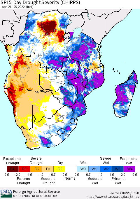 Southern Africa SPI 5-Day Drought Severity (CHIRPS) Thematic Map For 4/21/2022 - 4/25/2022