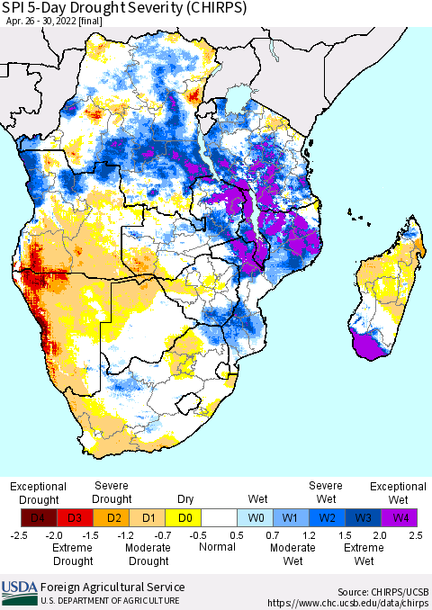 Southern Africa SPI 5-Day Drought Severity (CHIRPS) Thematic Map For 4/26/2022 - 4/30/2022