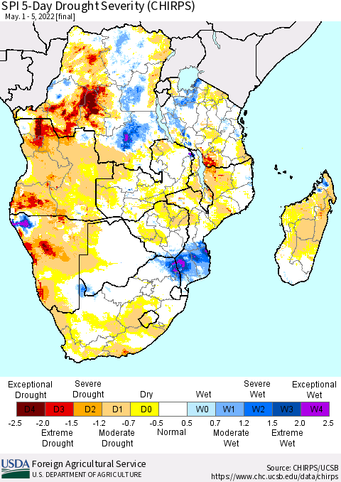 Southern Africa SPI 5-Day Drought Severity (CHIRPS) Thematic Map For 5/1/2022 - 5/5/2022