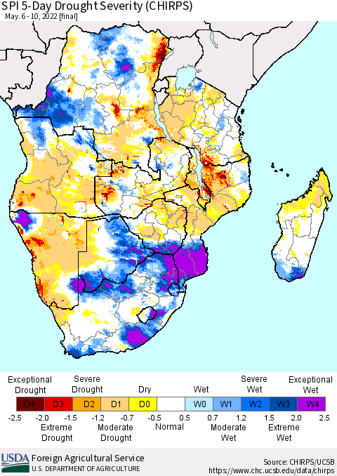 Southern Africa SPI 5-Day Drought Severity (CHIRPS) Thematic Map For 5/6/2022 - 5/10/2022