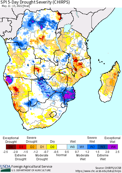 Southern Africa SPI 5-Day Drought Severity (CHIRPS) Thematic Map For 5/11/2022 - 5/15/2022