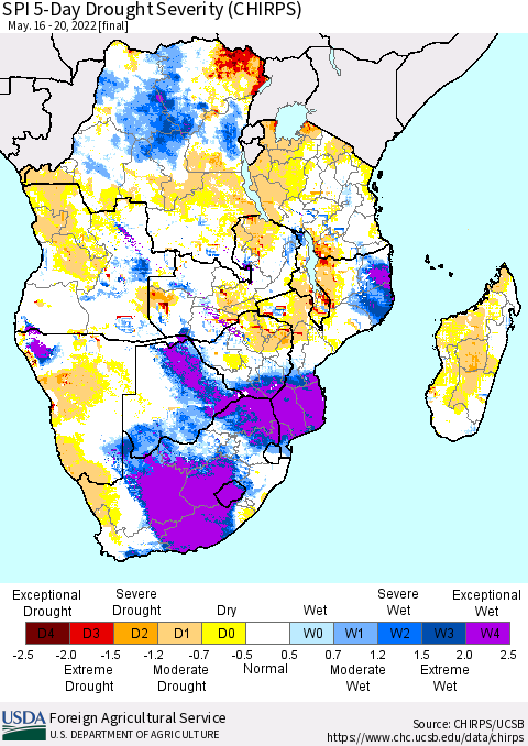 Southern Africa SPI 5-Day Drought Severity (CHIRPS) Thematic Map For 5/16/2022 - 5/20/2022