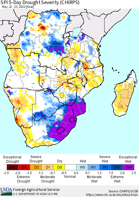 Southern Africa SPI 5-Day Drought Severity (CHIRPS) Thematic Map For 5/21/2022 - 5/25/2022