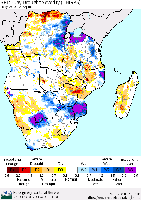 Southern Africa SPI 5-Day Drought Severity (CHIRPS) Thematic Map For 5/26/2022 - 5/31/2022