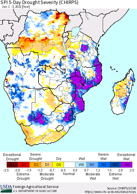 Southern Africa SPI 5-Day Drought Severity (CHIRPS) Thematic Map For 6/1/2022 - 6/5/2022
