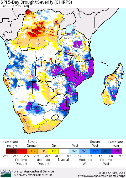 Southern Africa SPI 5-Day Drought Severity (CHIRPS) Thematic Map For 6/6/2022 - 6/10/2022