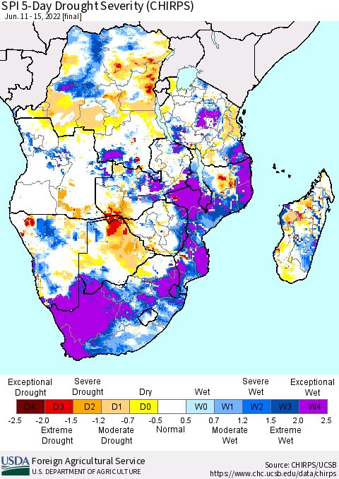 Southern Africa SPI 5-Day Drought Severity (CHIRPS) Thematic Map For 6/11/2022 - 6/15/2022