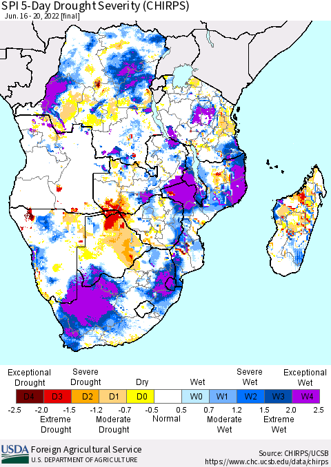 Southern Africa SPI 5-Day Drought Severity (CHIRPS) Thematic Map For 6/16/2022 - 6/20/2022