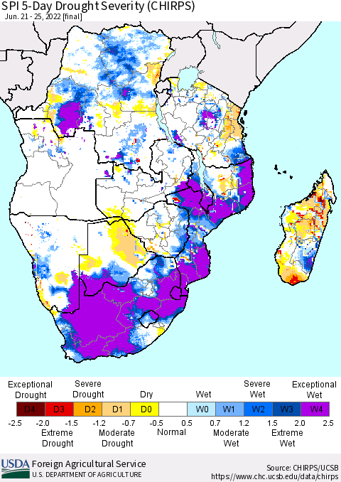 Southern Africa SPI 5-Day Drought Severity (CHIRPS) Thematic Map For 6/21/2022 - 6/25/2022