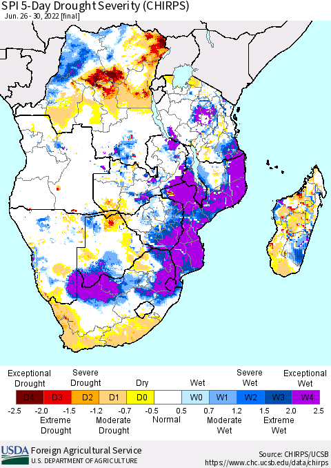 Southern Africa SPI 5-Day Drought Severity (CHIRPS) Thematic Map For 6/26/2022 - 6/30/2022