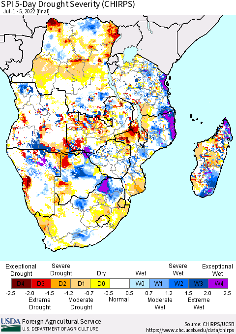 Southern Africa SPI 5-Day Drought Severity (CHIRPS) Thematic Map For 7/1/2022 - 7/5/2022