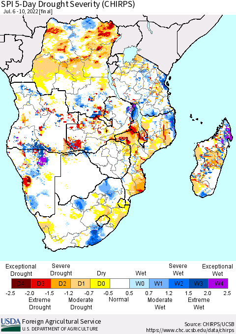 Southern Africa SPI 5-Day Drought Severity (CHIRPS) Thematic Map For 7/6/2022 - 7/10/2022