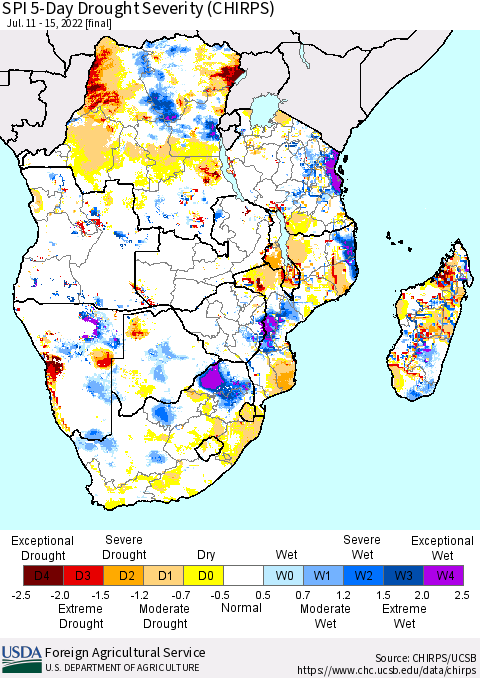 Southern Africa SPI 5-Day Drought Severity (CHIRPS) Thematic Map For 7/11/2022 - 7/15/2022