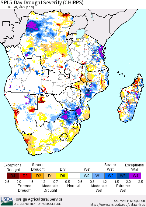 Southern Africa SPI 5-Day Drought Severity (CHIRPS) Thematic Map For 7/16/2022 - 7/20/2022