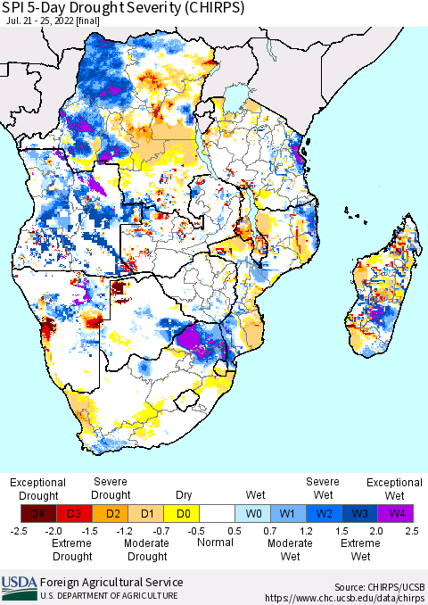 Southern Africa SPI 5-Day Drought Severity (CHIRPS) Thematic Map For 7/21/2022 - 7/25/2022