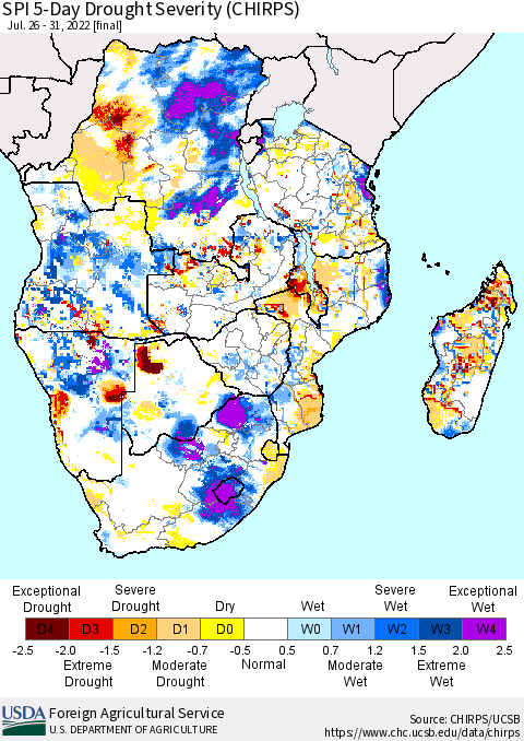 Southern Africa SPI 5-Day Drought Severity (CHIRPS) Thematic Map For 7/26/2022 - 7/31/2022