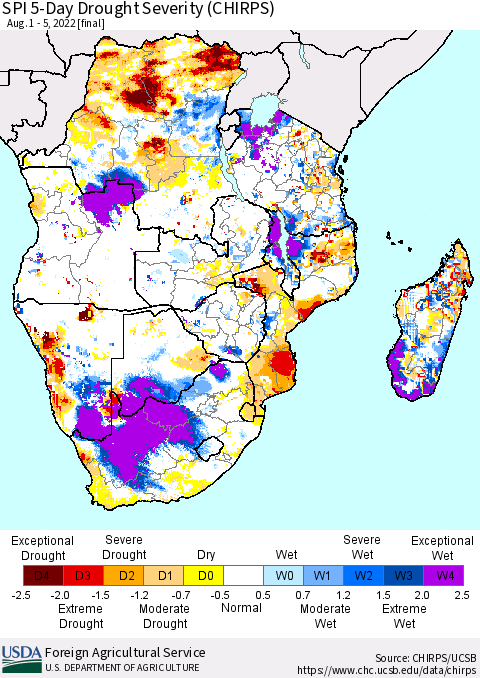 Southern Africa SPI 5-Day Drought Severity (CHIRPS) Thematic Map For 8/1/2022 - 8/5/2022