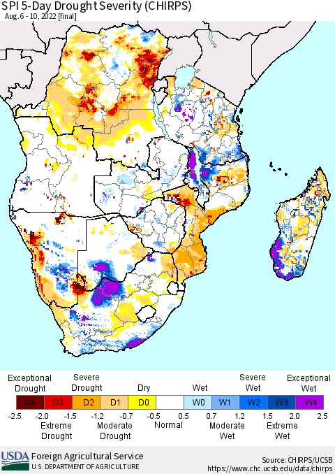 Southern Africa SPI 5-Day Drought Severity (CHIRPS) Thematic Map For 8/6/2022 - 8/10/2022