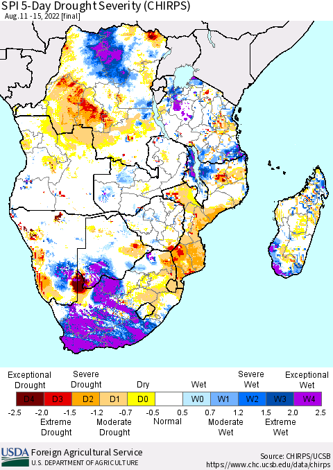Southern Africa SPI 5-Day Drought Severity (CHIRPS) Thematic Map For 8/11/2022 - 8/15/2022