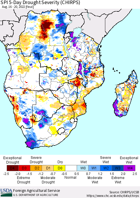 Southern Africa SPI 5-Day Drought Severity (CHIRPS) Thematic Map For 8/16/2022 - 8/20/2022