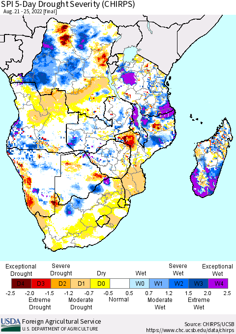 Southern Africa SPI 5-Day Drought Severity (CHIRPS) Thematic Map For 8/21/2022 - 8/25/2022
