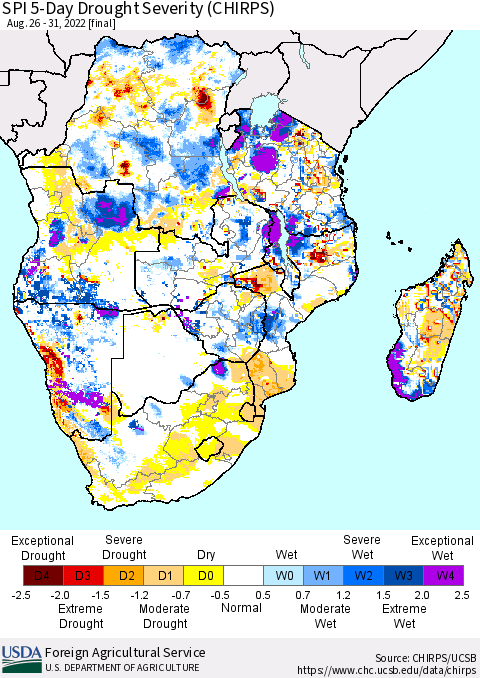 Southern Africa SPI 5-Day Drought Severity (CHIRPS) Thematic Map For 8/26/2022 - 8/31/2022