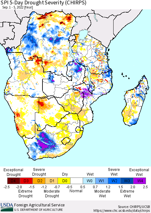 Southern Africa SPI 5-Day Drought Severity (CHIRPS) Thematic Map For 9/1/2022 - 9/5/2022