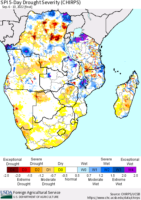Southern Africa SPI 5-Day Drought Severity (CHIRPS) Thematic Map For 9/6/2022 - 9/10/2022