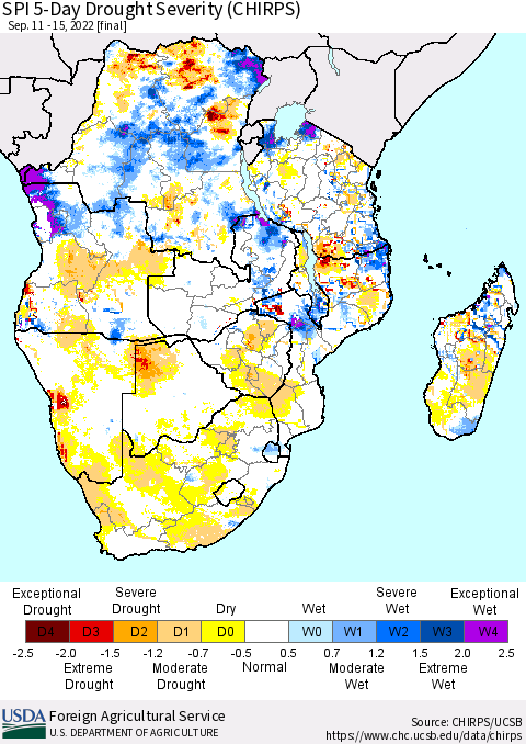 Southern Africa SPI 5-Day Drought Severity (CHIRPS) Thematic Map For 9/11/2022 - 9/15/2022
