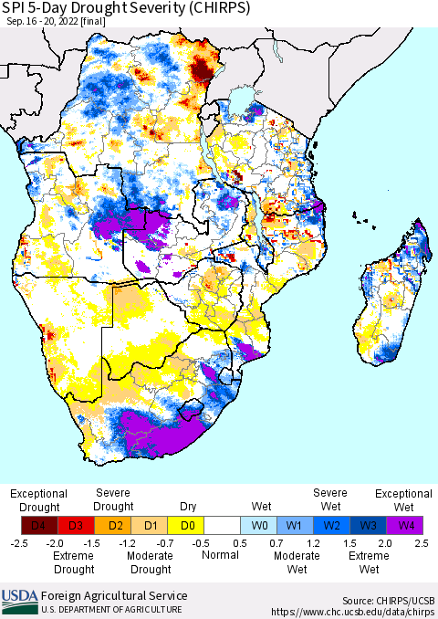 Southern Africa SPI 5-Day Drought Severity (CHIRPS) Thematic Map For 9/16/2022 - 9/20/2022