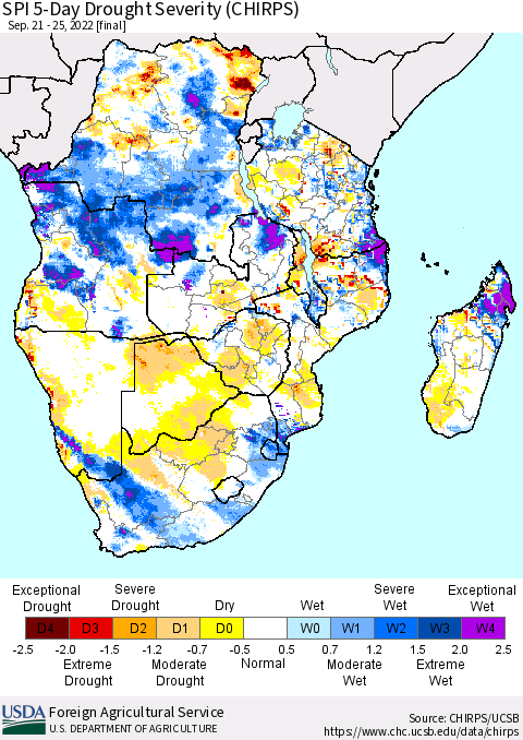 Southern Africa SPI 5-Day Drought Severity (CHIRPS) Thematic Map For 9/21/2022 - 9/25/2022