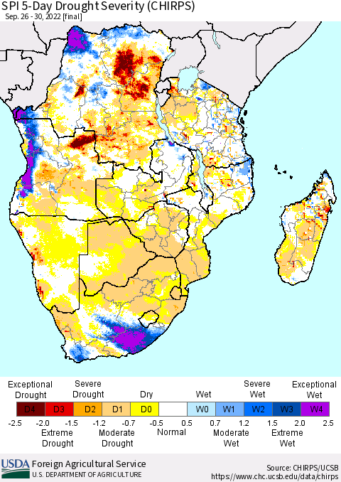 Southern Africa SPI 5-Day Drought Severity (CHIRPS) Thematic Map For 9/26/2022 - 9/30/2022