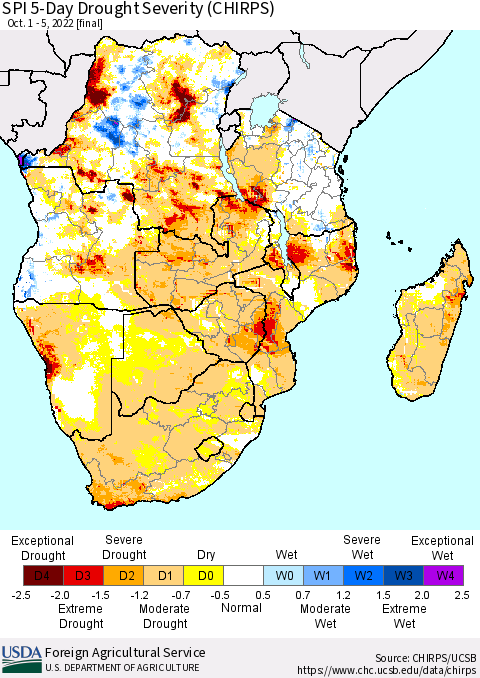 Southern Africa SPI 5-Day Drought Severity (CHIRPS) Thematic Map For 10/1/2022 - 10/5/2022