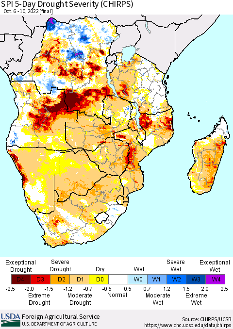 Southern Africa SPI 5-Day Drought Severity (CHIRPS) Thematic Map For 10/6/2022 - 10/10/2022