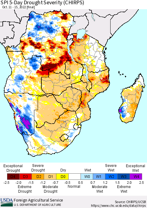 Southern Africa SPI 5-Day Drought Severity (CHIRPS) Thematic Map For 10/11/2022 - 10/15/2022