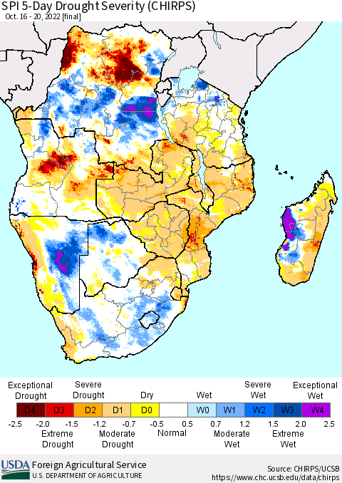 Southern Africa SPI 5-Day Drought Severity (CHIRPS) Thematic Map For 10/16/2022 - 10/20/2022