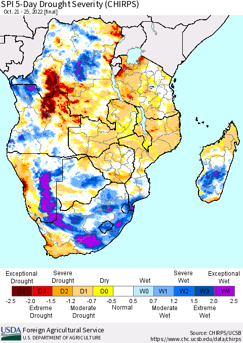 Southern Africa SPI 5-Day Drought Severity (CHIRPS) Thematic Map For 10/21/2022 - 10/25/2022