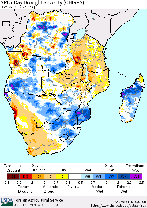 Southern Africa SPI 5-Day Drought Severity (CHIRPS) Thematic Map For 10/26/2022 - 10/31/2022