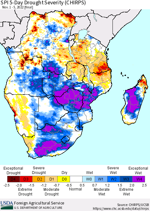 Southern Africa SPI 5-Day Drought Severity (CHIRPS) Thematic Map For 11/1/2022 - 11/5/2022