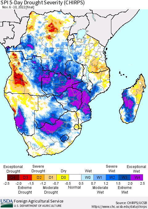 Southern Africa SPI 5-Day Drought Severity (CHIRPS) Thematic Map For 11/6/2022 - 11/10/2022
