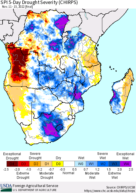 Southern Africa SPI 5-Day Drought Severity (CHIRPS) Thematic Map For 11/11/2022 - 11/15/2022