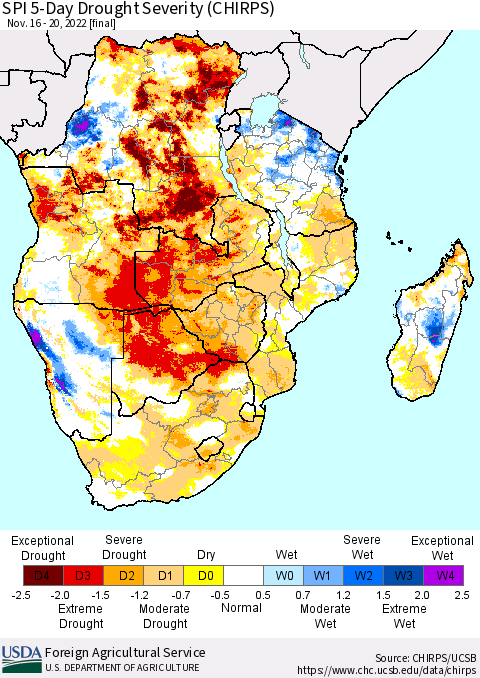 Southern Africa SPI 5-Day Drought Severity (CHIRPS) Thematic Map For 11/16/2022 - 11/20/2022