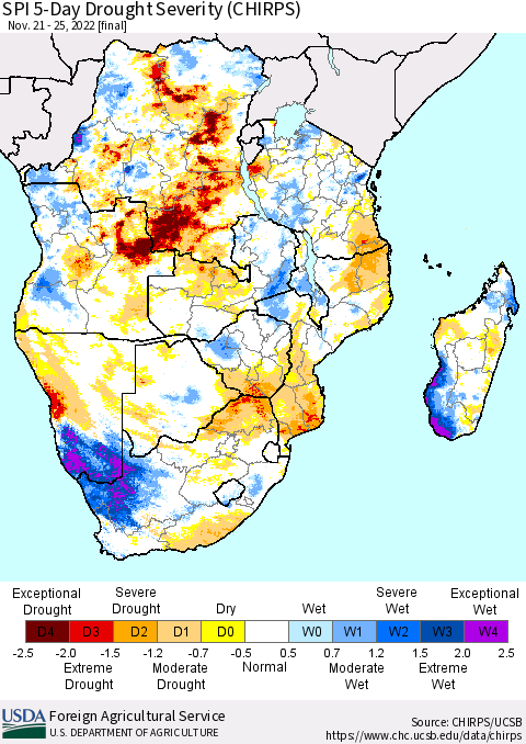 Southern Africa SPI 5-Day Drought Severity (CHIRPS) Thematic Map For 11/21/2022 - 11/25/2022