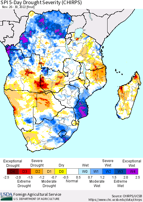 Southern Africa SPI 5-Day Drought Severity (CHIRPS) Thematic Map For 11/26/2022 - 11/30/2022